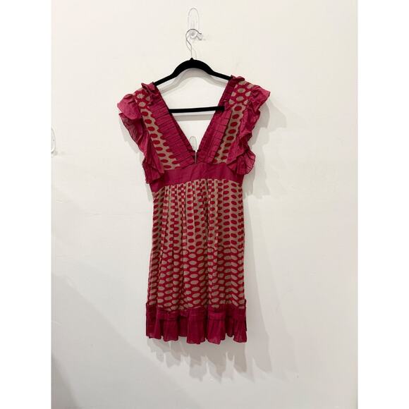 Development by Erica Davies Silk Ruffle Trim Deep V-Neck Mini Burgundy/Tan 2 - Picture 2 of 4